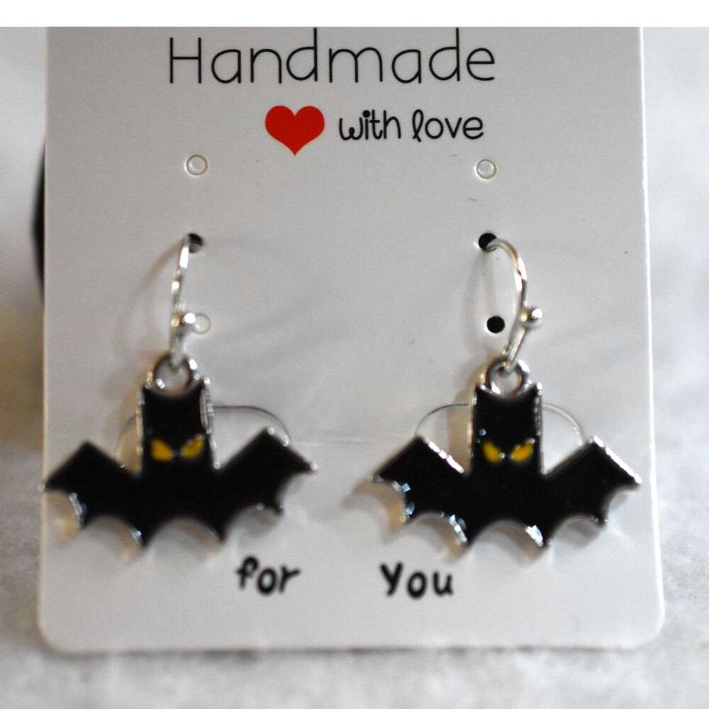New Handmade Fun Funky Black Enamel Bats Silver Tone Hook Earrings